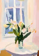 Schilderij van een bloemenvaas voor een raam