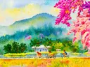 Schilderij van een lentelandschap met bloesem en bergen