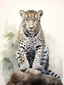 Zittende luipaard met gevlekte vacht op een rots tussen jungle bladeren.