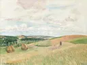 Les Coteaux de Thierceville, meules, berger et troupeau (PD 1189) van Camille Pissarro: landschap met velden, hooibergen, heuvels en zomer, in licht groen en geel