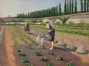 (Les jardiniers114127) van Gustave Caillebotte: figuren met tuinmannen, moestuin, gieters en rijen, in groen en oker