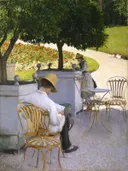 Les Orangers van Gustave Caillebotte: figuren met tuin, sinaasappelbomen, man en lezen, in groen en wit