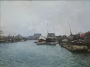 Les Péniches MNR 206 van Alfred Sisley: zee met schepen, rivier, water en masten, in gedempt grijsblauw