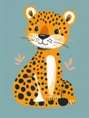 Illustratie van een zittend luipaardje op een turquoise achtergrond, kinderkamer schilderij