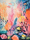 Schilderij van tropische vissen zwemmend tussen oranje en roze koraal.
