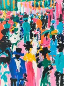 Abstract schilderij van een levendig straatfeest met menigte
