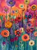 Paarse, oranje en roze bloemen in een levendige tuin tegen een felgekleurde achtergrond