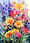 Schilderij van een kleurrijke wildflowertuin met gerbera's
