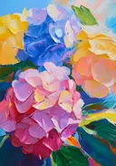Abstract schilderij van kleurrijke hortensia bloemen