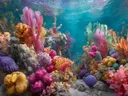 Schilderij van een kleurrijke koraaltuin op de zeebodem