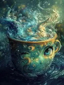 Fantasie-theekop met een oog en sierlijke ornamenten, waaruit golven van blauw en goud water opspatten