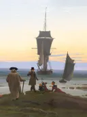 Levensfasen van Caspar David Friedrich: zee met zeilschepen, strand, mensen en masten, in zacht geel en blauw