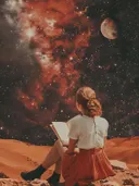 Meisje leest een boek op een rode planeet