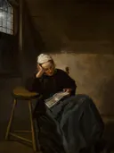 Lezend meisje van Nicolaes Hals: interieur met meisje, lezen, venster en kruk, in gedempt bruin met wit