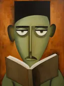 Kubistisch gestileerd portret van een groene figuur met boek op oranje achtergrond