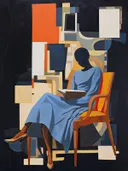Cubistisch geïnspireerd schilderij van een lezende vrouw in een oranje stoel.