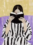 Lezende vrouw voor een gele muur, portret schilderij