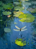 Schilderij van een libel boven het water van een vijver