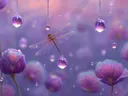 Schilderij van een libel tussen dauwdruppels met paarse bloemen