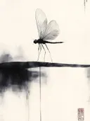 Inkttekening van een libelle boven water