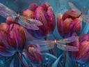 Schilderij van libellen op rode tulpen in blauwgroen nachtlicht