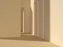 Minimalistische gang met warm zonlicht en scherpe schaduwlijnen