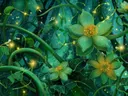 Schilderij van lichtgevende bloemen in een magisch nachtelijk woud