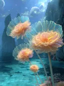 Schilderij van lichtgevende fantasiebloemen bij een rotsachtige baai