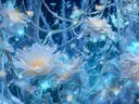 Schilderij van gloeiende blauwwitte bloemen aan ranken in een nachtelijk bos
