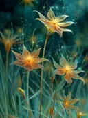 Schilderij van lichtgevende sterbloemen met fonkelende deeltjes in het veld