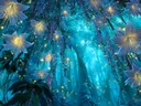 Schilderij van lichtgevende sterbloesems onder een bladerdak