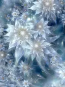 Schilderij van lichtgevende, ragfijne bloemen die lijken op vorstkristallen