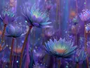 Schilderij van turkooisblauwe lichtgevende bloemen in een magische vijver