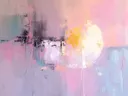 Abstract schilderij met gele gloed in pastelkleuren