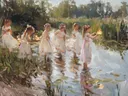 Schilderij van meisjes met drijvende lichtjes in het water