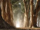Schilderij van een eucalyptusbos met licht aan het einde van het pad
