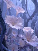 Schilderij van waaiervormige lichtgevende bloemen in een mystiek woud