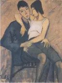 Liebespaar ca1914 van Otto Mueller: figuren met paar, omhelzing, zittend en hemd, in gedempt bruin en wit