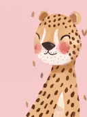Illustratie van een luipaardje met gesloten ogen en blozende wangen op een roze achtergrond