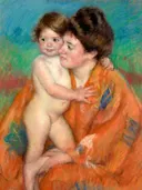 Impressionistisch schilderij van moeder met kind in oranje omslagdoek