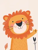 Illustratie van een lachende leeuwenkop met oranje manen, kinderkamer schilderij