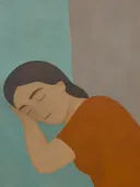Schilderij van liggende vrouw in aqua en warm grijs