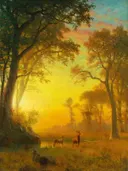 Light in the Forest van Albert Bierstadt: landschap met bos, bomen, zonsondergang en herten, in goudgeel en groen