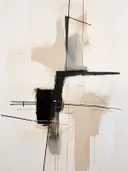 Abstracte compositie met een zwart blok en dunne lijnen op okerkleurige achtergrond.