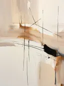 Abstract schilderij met een zwart vlak en dunne kriskras lopende lijnen.