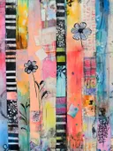 Zwart-wit getekende bloemen op een gestreepte collage-achtergrond