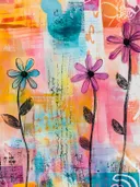 Schilderij met lijntekeningen van blauwe en paarse bloemen op een kleurrijke abstracte achtergrond