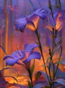 Schilderij van lila bloemen met gloeiende nerven en dauwdruppels
