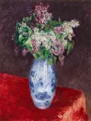 Lilas dans un vase van Gustave Caillebotte: bloemen met seringen, vaas, boeket en rood kleed, in lila en rood
