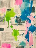 Limoengroene, roze en blauwe verfspatten over krantenpapier